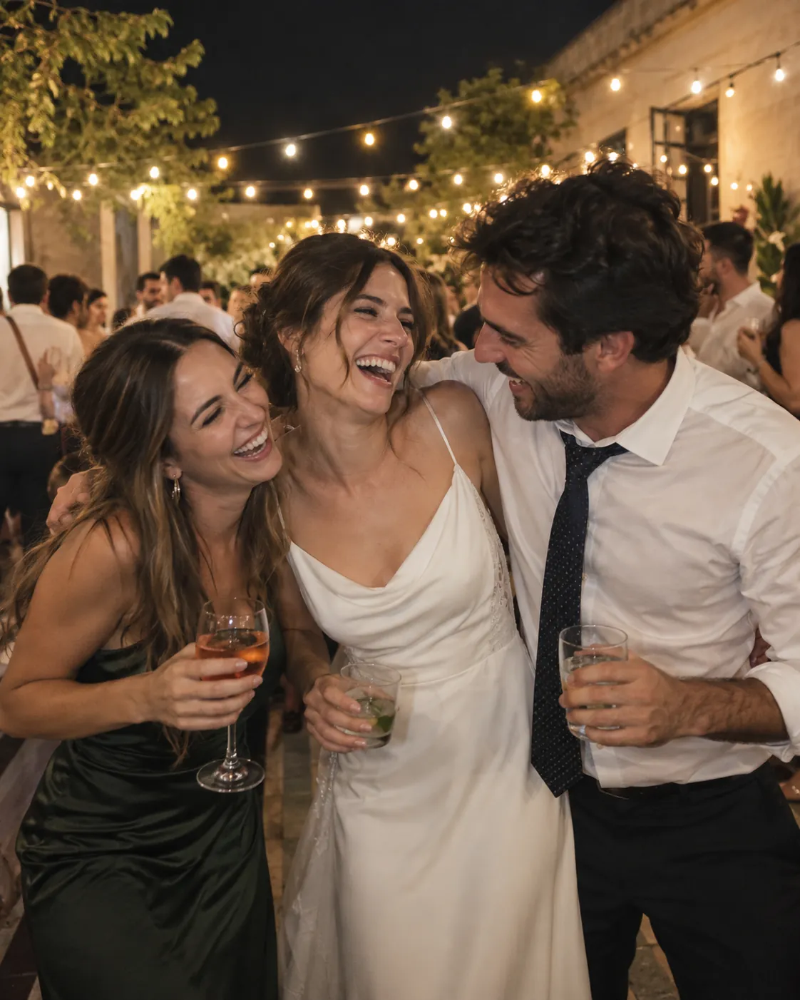 Una novia y sus amigos riéndose durante la celebración