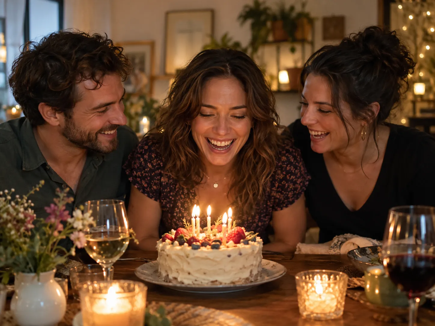 Tres amigos celebran un cumpleaños alrededor de una torta